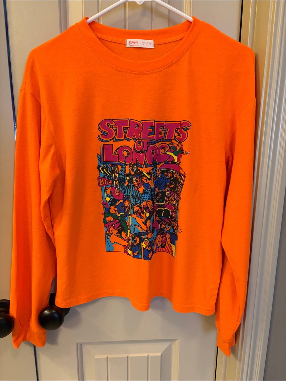 ROMWE Orange Long Sleeve Tee with Multicolor London Cartoon Print